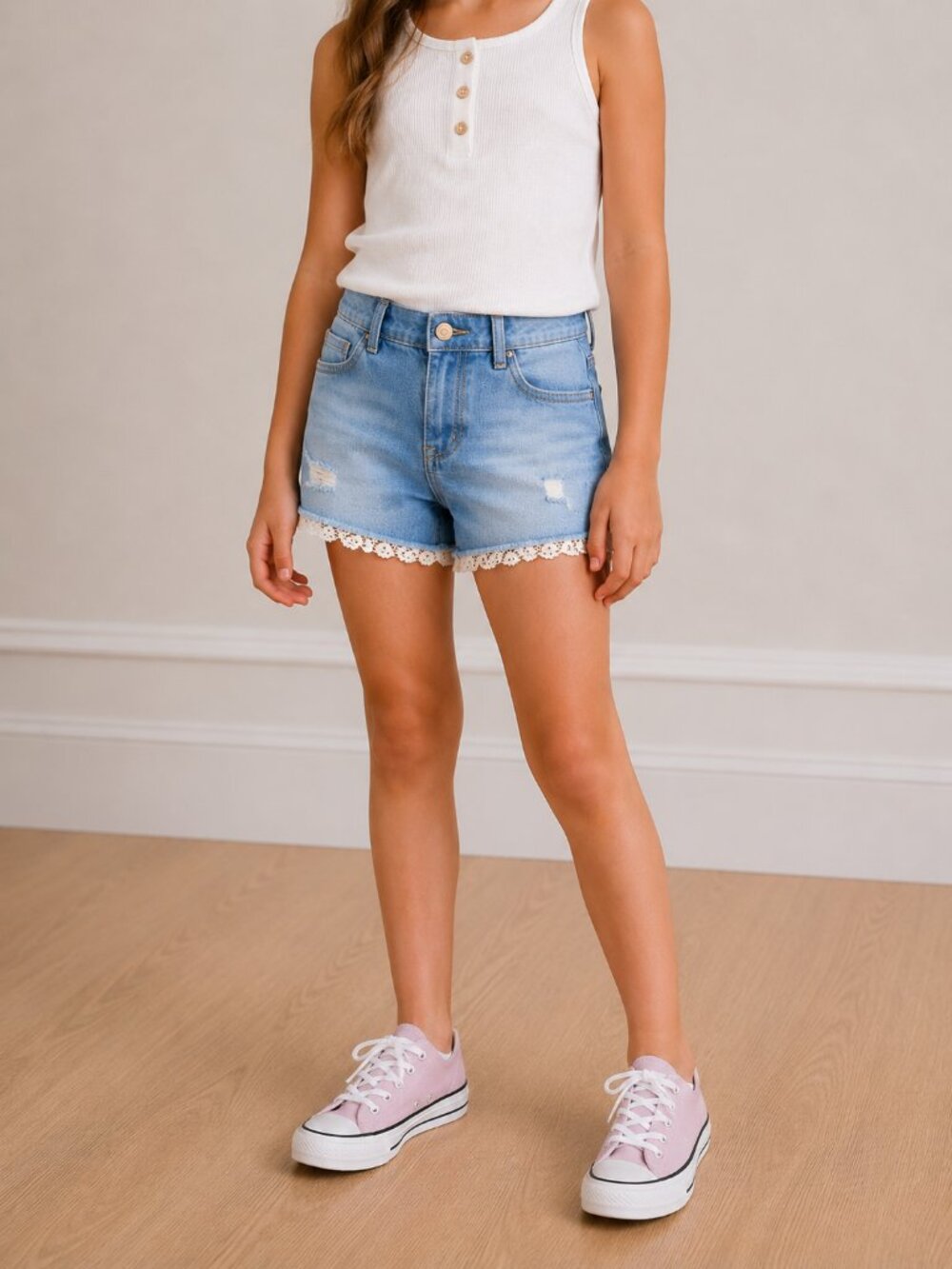 H&M Girls Denim Shorts with Lace • Size 8 • Light Wash Jean Shorts